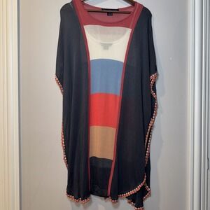 French Connection Block BodyCon Waterfall Dress‎ Sz 0 Embroiderd Boho Retro Midi